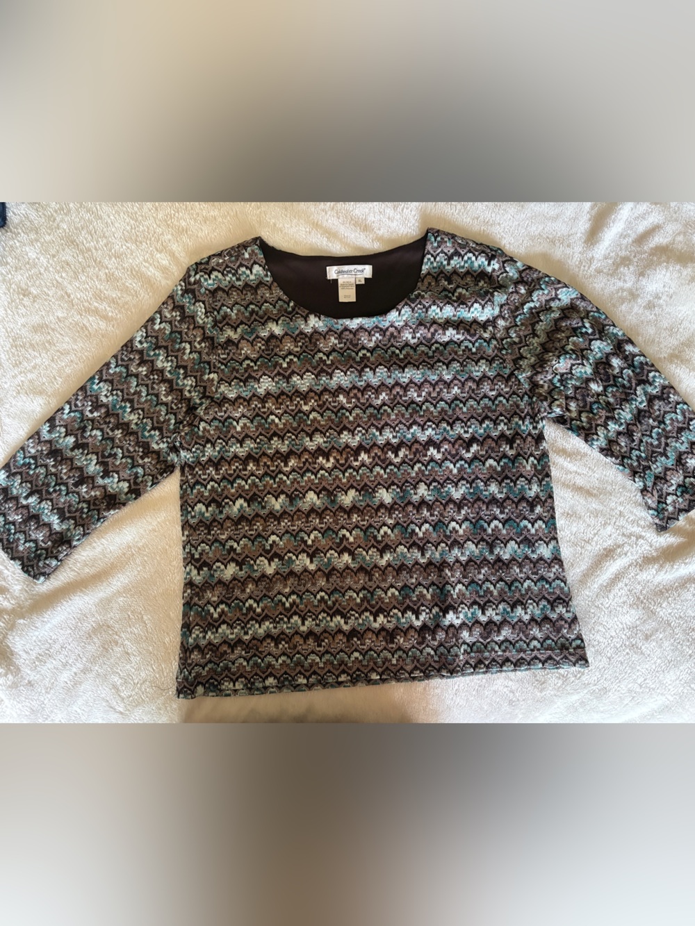 Coldwater Creek Brown and Mint Patterned Crewneck Top